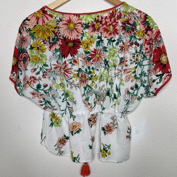 Anthropologie Floral Drawstring Tassel Short Sleeve Top Blouse Floral Small - Picture 2 of 3